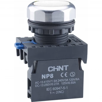Кнопка управления CHINT NP8-02BN/1 без подсветки, самовозв., белый, 2НЗ, IP65 (R)