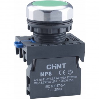Кнопка управления CHINT NP8-10GND/3 1НО зеленая AC110В-220В(LED) IP65 (R) Кнопка управления CHINT NP8-10GND/3 1НО зеленая AC110В-220В(LED) IP65 (R)