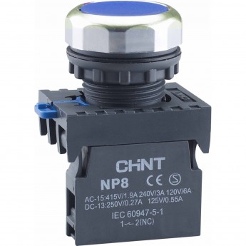 Кнопка управления CHINT NP8-20BND/6 подствет., самовозв., синий, AC110-230В(LED), 2НО, IP65 (R)