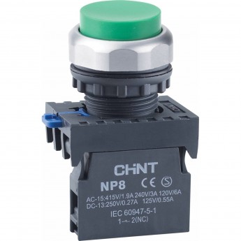 Кнопка управления CHINT NP8-20GN/3 без подстветки, самовозв., зелен., 2НО, IP65 (R)