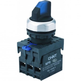 Переключатель с подсветкой CHINT NP8-11XD/316, 3 полож., фикс., синий, AC110-230В(LED), 1НО+1НЗ, IP65 (R)