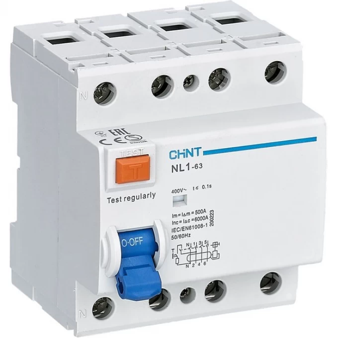 УЗО CHINT NL1-63 4P 25A 30mA 10kA тип A 200368 УЗО CHINT NL1-63 4P 25A 30mA 10kA тип A 200368